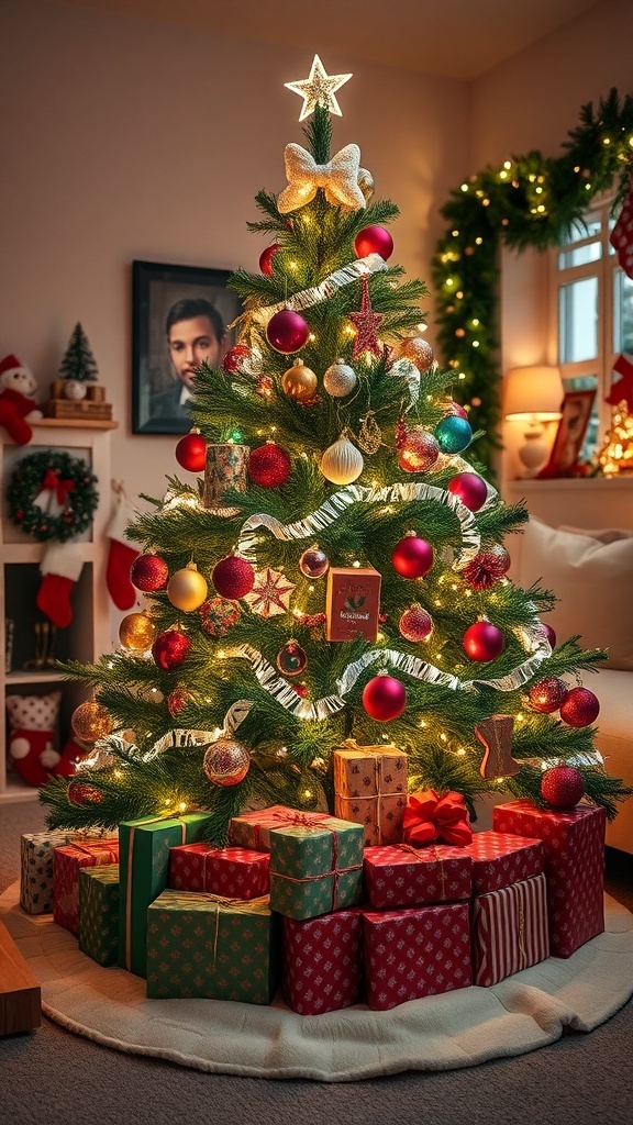 A decorated Christmas tree with ornaments and lights, surrounded by wrapped gifts on a tree skirt.